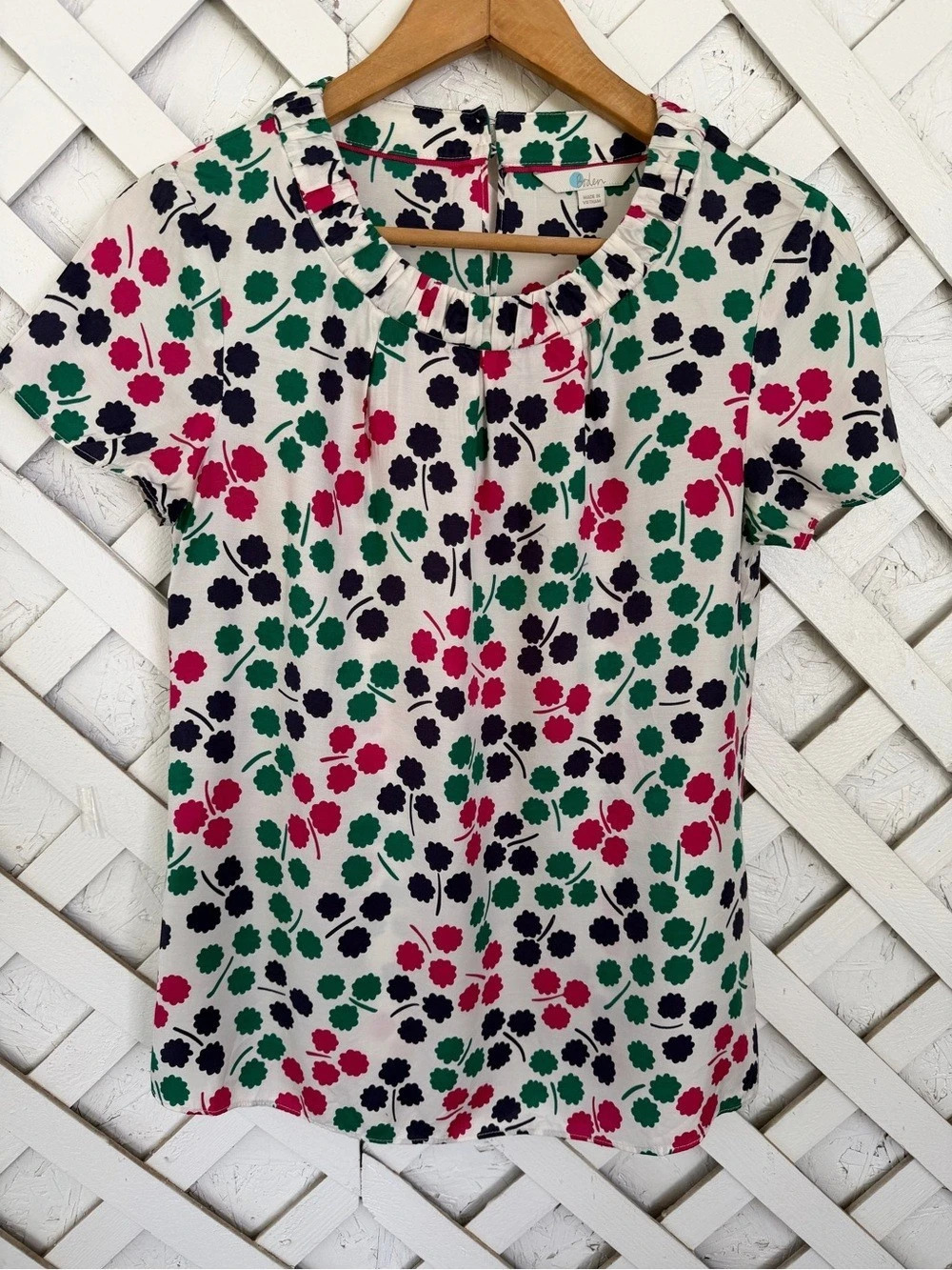Boden Floral Short Sleeve Blouse Silk Blend White & Green Size US 6